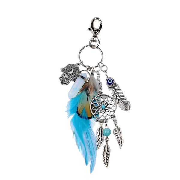 

2019 trendy dream catcher tone key chain silver ring feather bohemian keychain tassels glass bead keyring keychain for gift