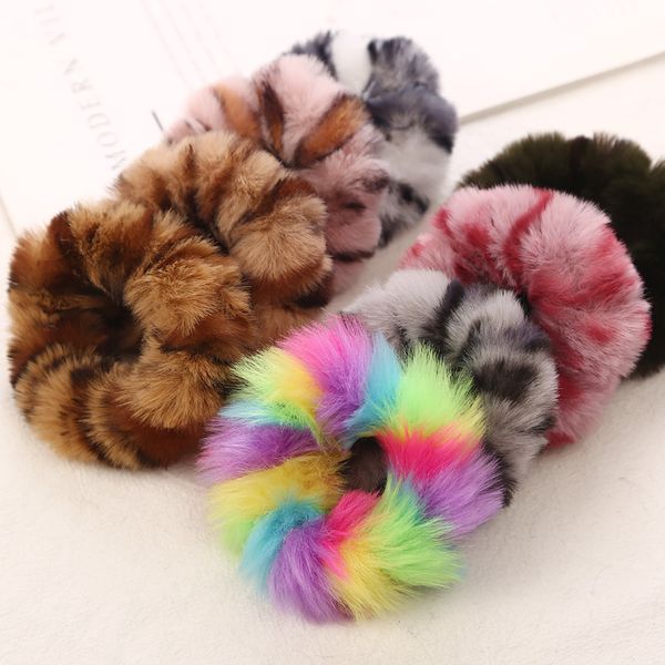 

new fashion colorful leopard print plush fur scrunchies elastic hair bands for girls warm ponytail holder for girl women sa