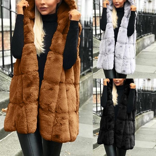 

winter thicken faux fur vest jacket casual women solid color hooded waistcoat, Black;white