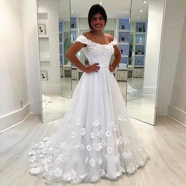 

crystals 3d flower a line wedding dresses cap sleeve romantic bridal gowns off shoulder wedding dress custom made, White