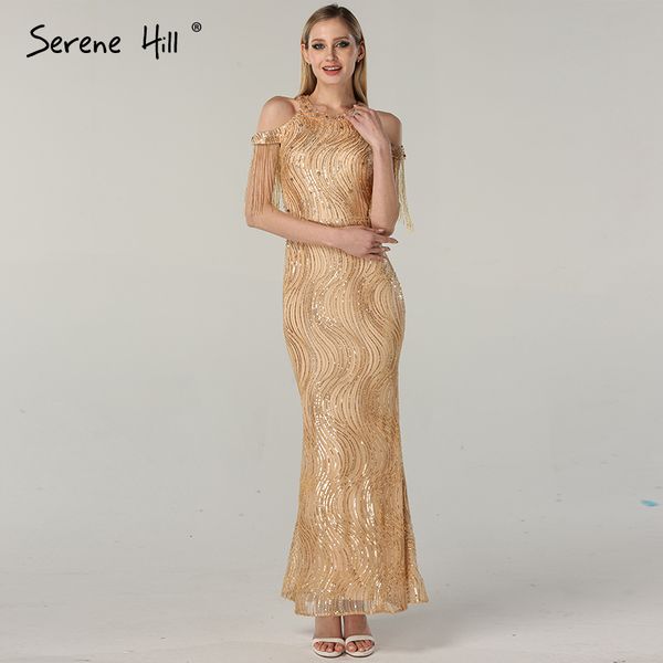 

gold luxury dubai design prom dresses beading tassel sequined sleeveless prom gowns 2019 serene hill bla60822, White;black