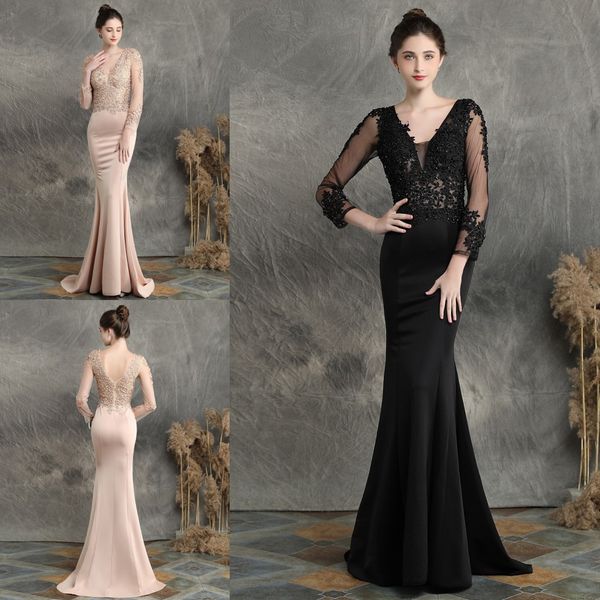 

fashion champagne black evening mother of the bride groom dresses with 3/4 long illusion lace sleeves beaded v neck mermaid satin, Black;red
