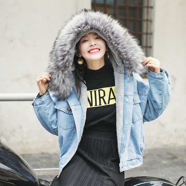 

p shoot hooded dehaired angora cotton-padded clothes women's 2019 winter new style brushed and thick warm cowboy cotton coat, Blue;black