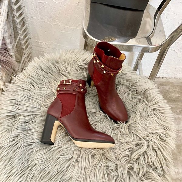 

british style 2019 autumn new thick with rivet leather high heel women's boots fashion round short boots martin boots, Black