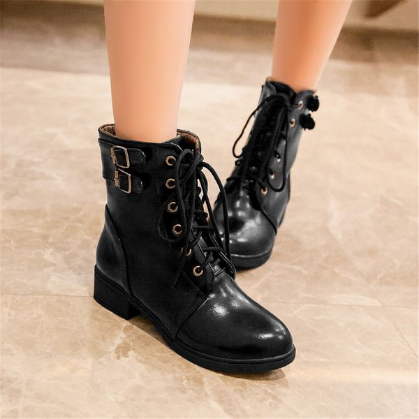 

sarairis 2019 plus size 43 motorcycles boots square heels ankle boots woman shoes shoelaces casual shoes women female, Black