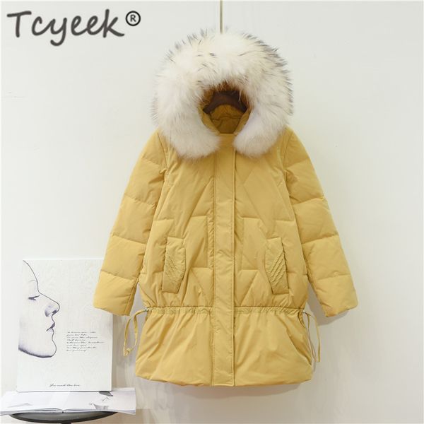 

tcyeek winter down coat women jacket real raccoon fur hooded clothes 2019 korean 90% duck down jacket long warm coat hiver w1628, Black