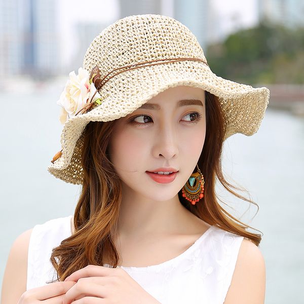 

new raffia straw hat large brim flower beach sun cap women floppy wide brim travel hat female sun-shading straw sun b-7984, Blue;gray