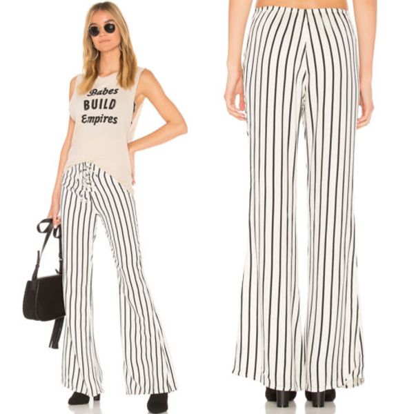 

new arrival women high waist stripe pant palazzo trousers drawstring lady fashion casual wear wide leg holiday loose trouser, Black;white