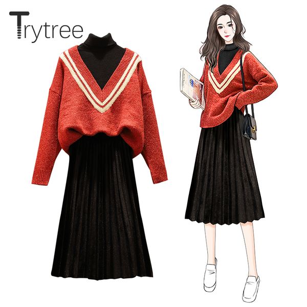 

trytree autumn winter two piece set casual turtleneck patchwork + skirt elastic waist pleated office lady set 2 piece, White
