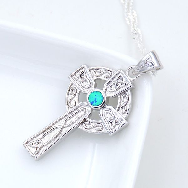 

fashion- pendant celtic cross with ocean blue fire opal, Silver