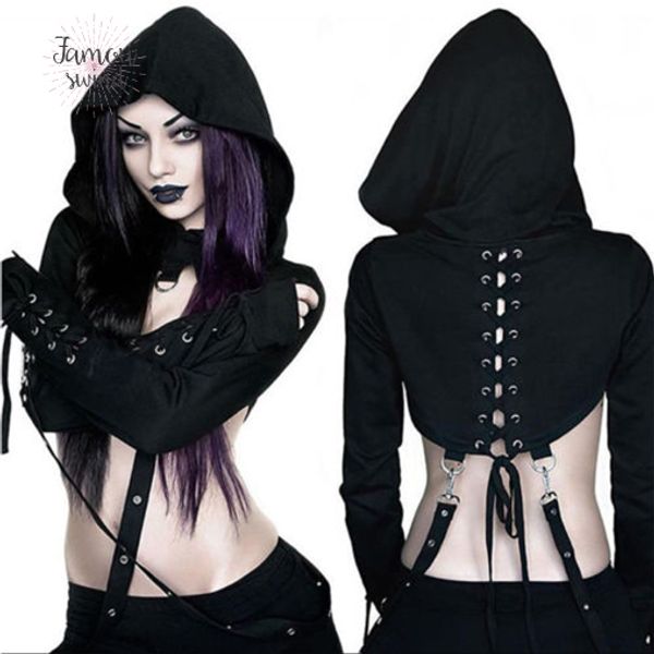 

woman clothes new punk women gothic arrivals hoodies bandage vampire solid halloween sweatshirt crop drop shipping, Black
