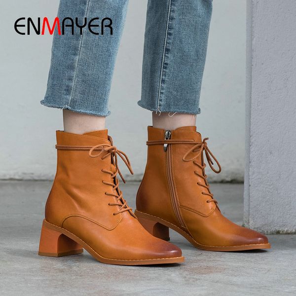 

enmayer 2020 lace-up genuine leather motorcycle boots square heel boots round toe women winter shoes short plush ankle, Black