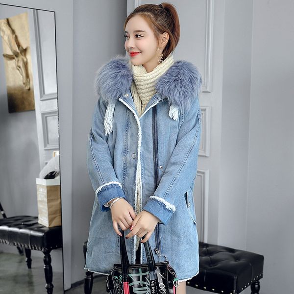 

2019 new style jeans coat women's winter thick fur collar lambs wool overcoat korean-style mid-length cotton-padded clothes, Blue;black