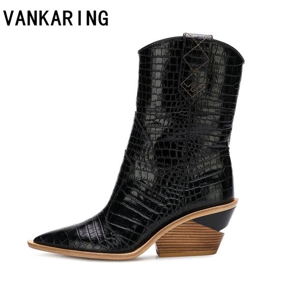 

brand fashion embossed microfiber leather women's ankle boots pointed toe western cowboy boots women wedges riding runway, Black