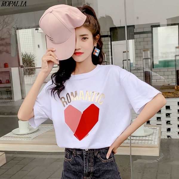 

women caual heart print bronzing letters short sleeve t-shirt o-neck sweet pullover, White