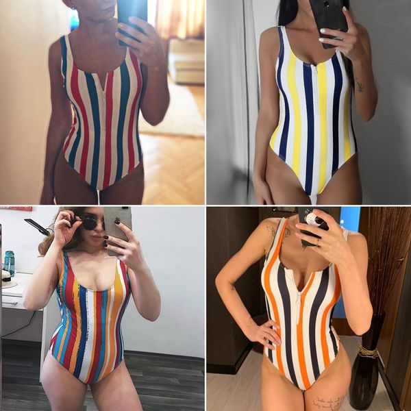 

2019 striped swimsuit one-piece swimwearswimsuit sports tights beach swimming fashion simple red white blue fresh women's halter