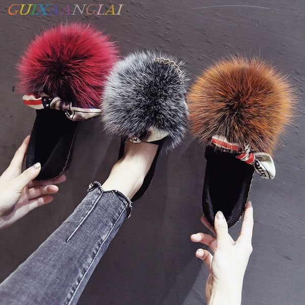 

hairy shoes women winter plus velvet thick souff muffin shoes 2019 new hundred set true hair one foot lazy bean, Black