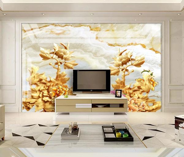 

ainyoousem marble peony wood carving background wall papier peint papel de parede wallpaper 3d wallpaper stickers
