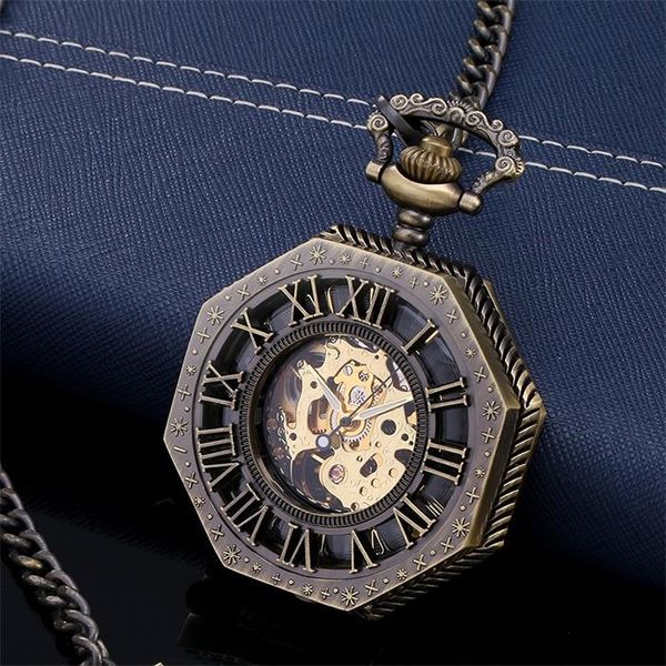

dhl shipping hollowed roman dial bronze skeleton mechanical pocket watch with chain men women pocket watches wholesale, Slivery;golden