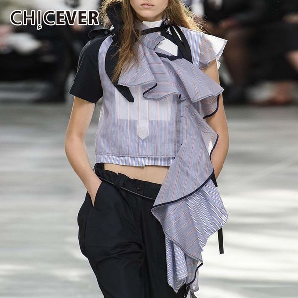 

patchwork chicever striped summer casual ruffles off shoulder women's blouse stand collar short sleeve loose asymmetrical shirt, White