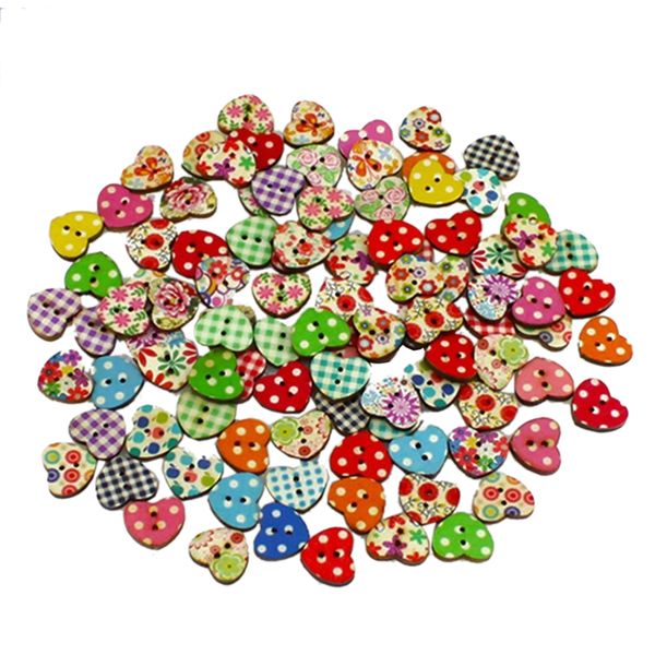 

100x multicolor heart shaped wood sewing buttons scrapbooking, Blike;white