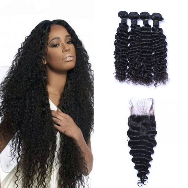 

пучки волос малазийский человека с закрытие 4 связки virgin hair weave deep wave с кружевом закрытие свободной части, Black;brown