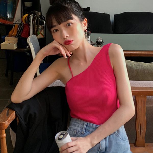 

2020 women knitted camisole asymmetrical collar solid color sleeveless pullover new fashion wild top, White