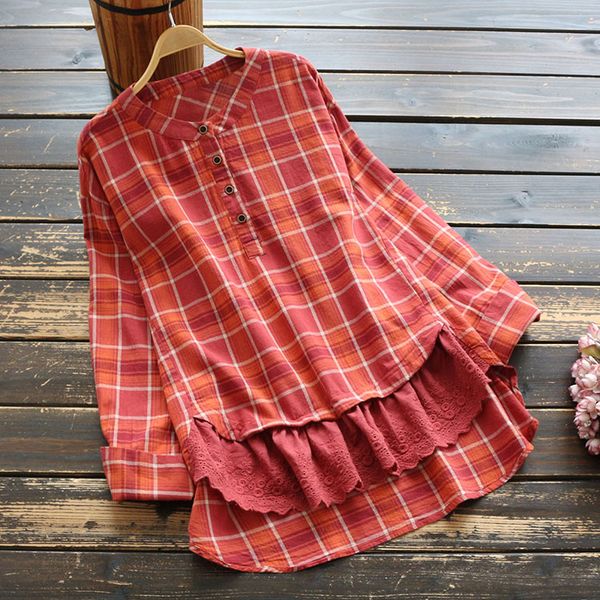

plaid patchwork hem lace lacing long sleeve doll shirt mori girl, White