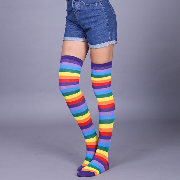 

europe and the united states rainbow stripe lengthened large size long-sleeved cotton socks over the knee beautiful legs socks, Black;white