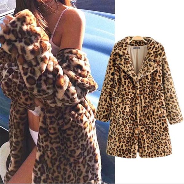 

leopard women winter coats fur coats casual loose temperament long sleeved lapel neck fashion women coats, Black