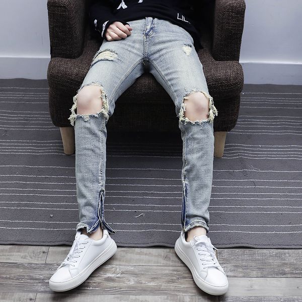 

men's jeans 19 summer new youth popular hole slim slim pencil pants raw edge nine pants personality youth casual men's clothing, Blue