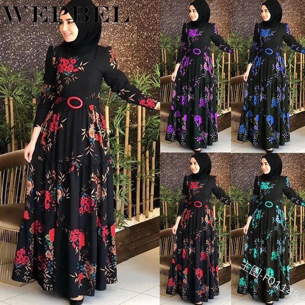 

wepbel women dress muslim abaya islamic full sleeve floral flower casual fashion autumn ruffles ladies long maxi dresses, Black;gray