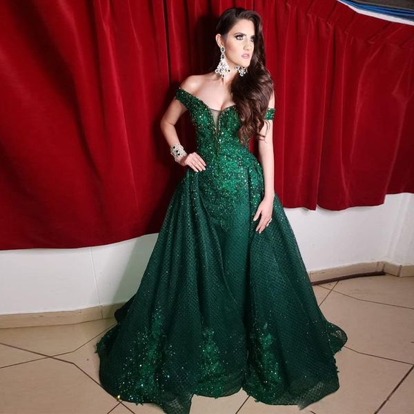 

arabic dark green mermaid evening dresses lace beaded overskirt prom dress sequined appliques grid pageant dress, White;black