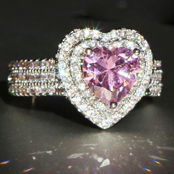 2020 nuove donne anelli di nozze moda argento rosa cuore pietra preziosa anelli di fidanzamento gioielli anello di diamanti simulati per la cerimonia nuziale267z