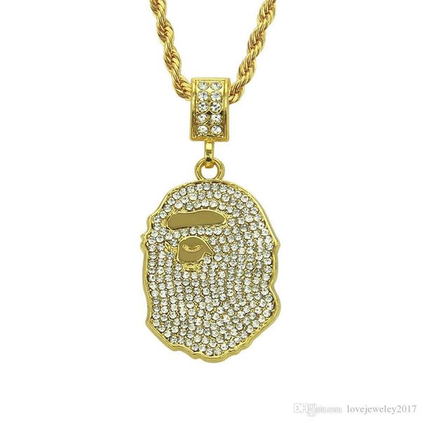

fashion jewelry hip hop men necklace gold ape man head pendant necklaces with diamond silver plated long chains necklace punk new tide style