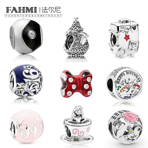

fahmi 100% 925 sterling silver birthday amily fun castle balloon charm bow teacup tai chi suitcase beaded limited edition, Black