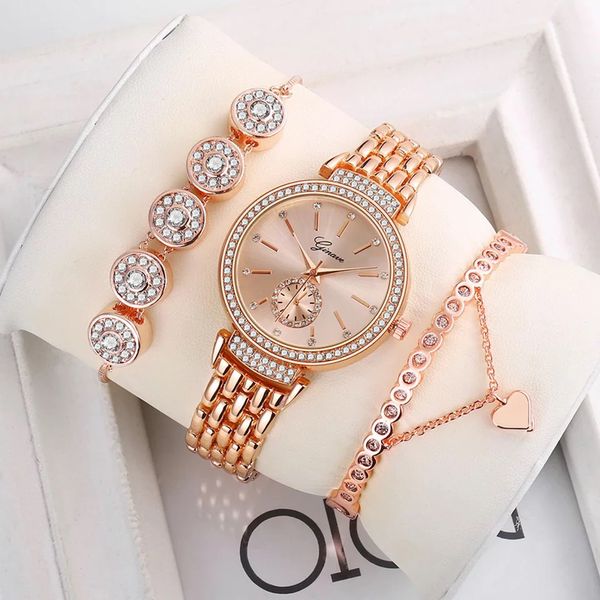 

ginave fashion 3pcs set women watches luxury steel band rhinestone watch ladies quartz wristwatch bracelet set dress, Slivery;brown