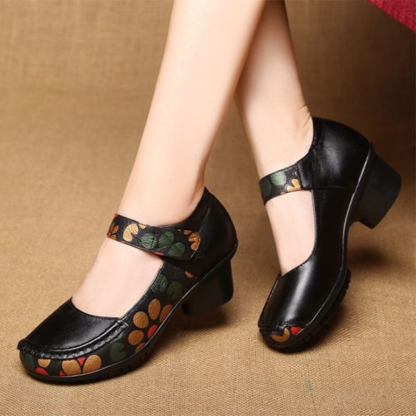 

heeled shoes woman mother shoes fashion retro real leather women's high heels autumn new real leather rough heel ladies single, Black