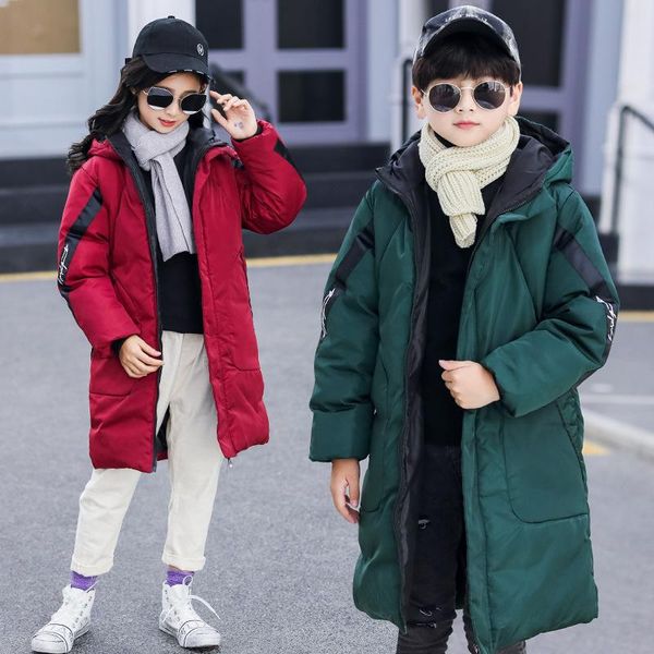 

children's windbreaker winter new children's coat boys and girls long section thick hooded down jacket, Blue;gray