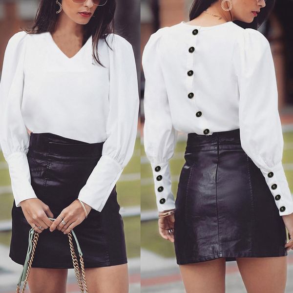 

v-neck women blouse shirts puff sleeve button white blouse summer autumn lady shirt female office chiffon