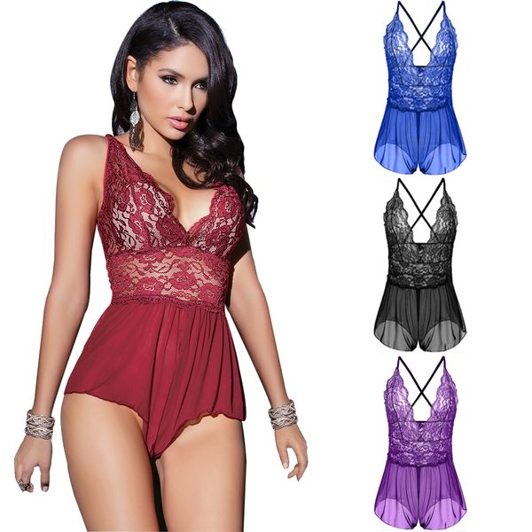 

2018 new open crotch women lingerie sleepwear ladies minidress lace slips s-6xl, Black;red