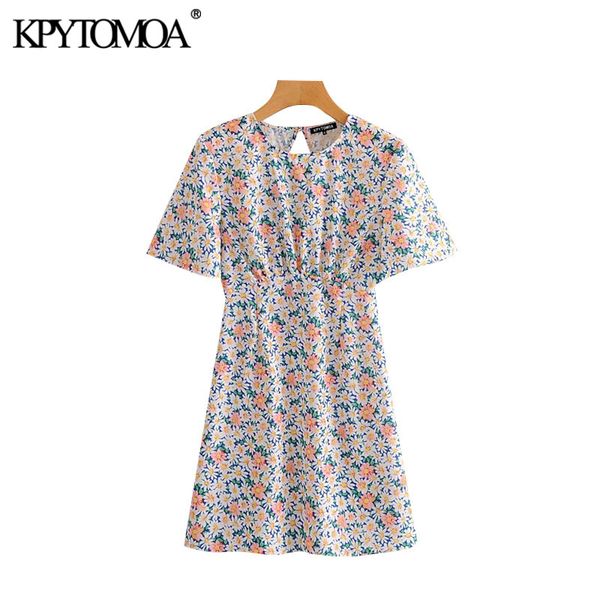 

kpytomoa women 2020 chic fashion floral print backless mini dress vintage o neck short sleeve female dresses vestidos mujer, Black;gray