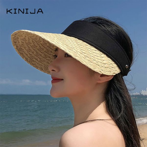 

summer new empty hat ins straw hat beach holiday sun protection casual sun visor cap women peaked large brim, Blue;gray