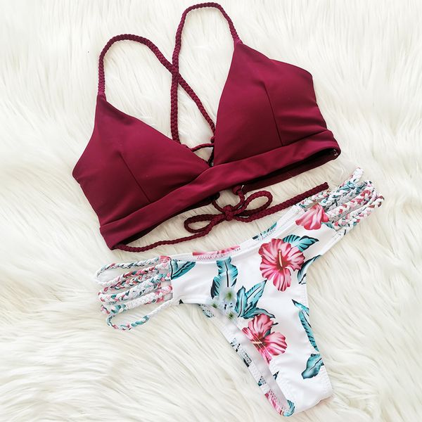 

2020 women bikini set lace up floral print bandage swimsuit spandex knitted thong brazilian biquini swimwear summer beach wear, White;black
