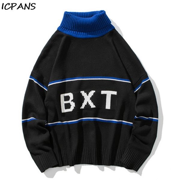 

icpans cotton turtleneck men sweater pullover streetwear needlework knitted harajuku loose pacthwork letter mens sweaters, White;black