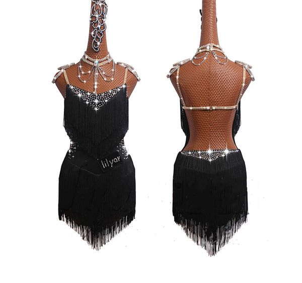

glitter rhinestones latin dance dresses for ladies red black color fringe dress fashion women ballroom competitive stage costume, Black;red