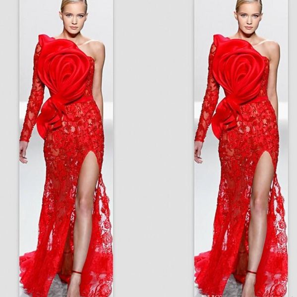 

2020 red elie saab one shoulder single sleeve lace big bow applique front split evening gowns customize prom celebrity dresses