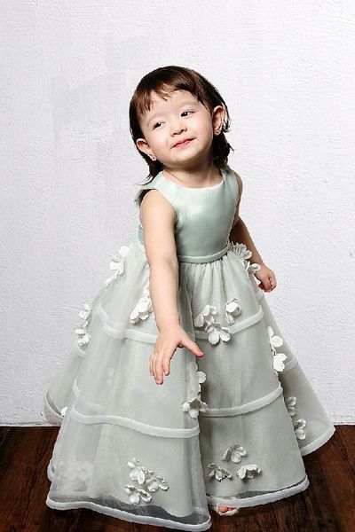 

sage flower girls dresses ankle length satin with tulle applique, White;blue