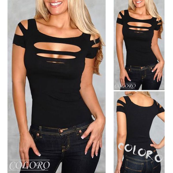 

1pc fashion ladies womans ripped slashed black tight hole t shirt clubwear cut out tee club goth punk rave, White