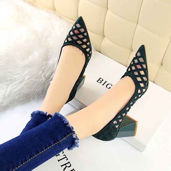 

1821 european and american style retro fashion nightclub high heel thick heel shallow cut pointed mesh single shoes womens shoes, Black